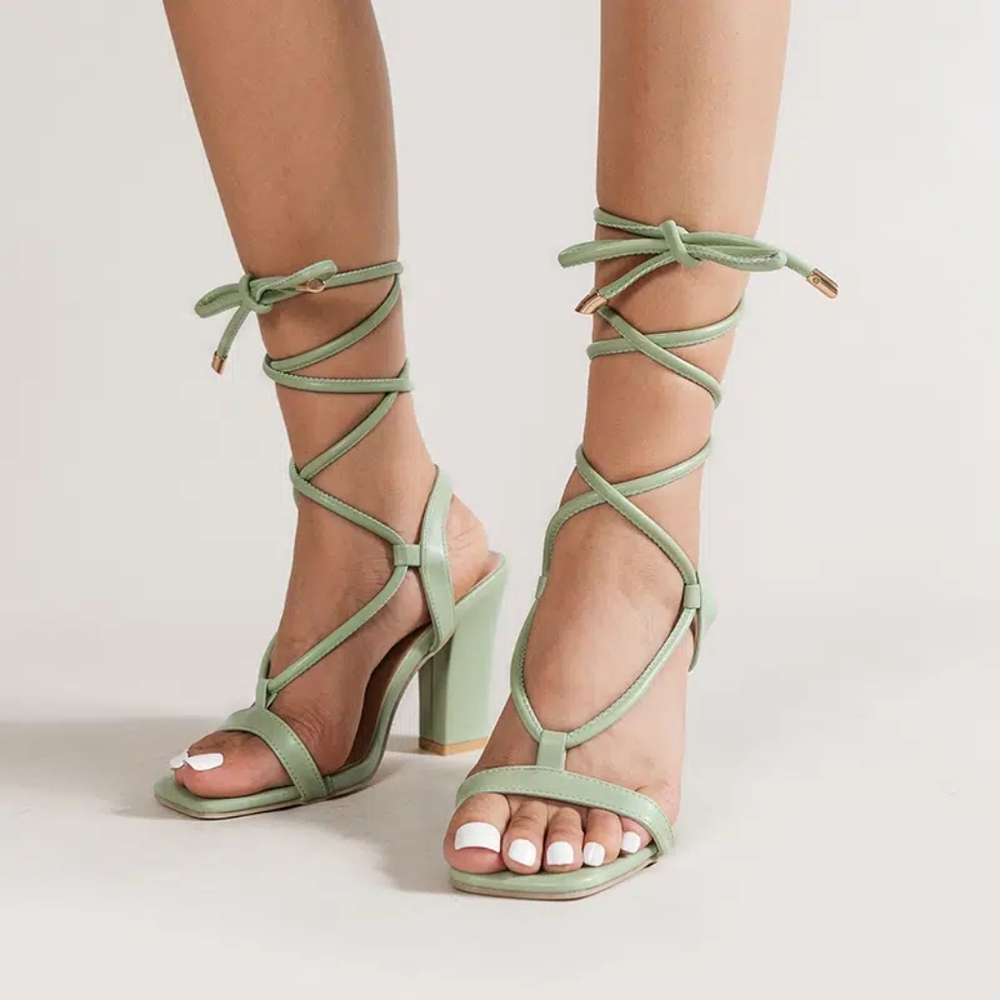 High Heel Ankle Strap Square Toes Chunky Heel Sandals